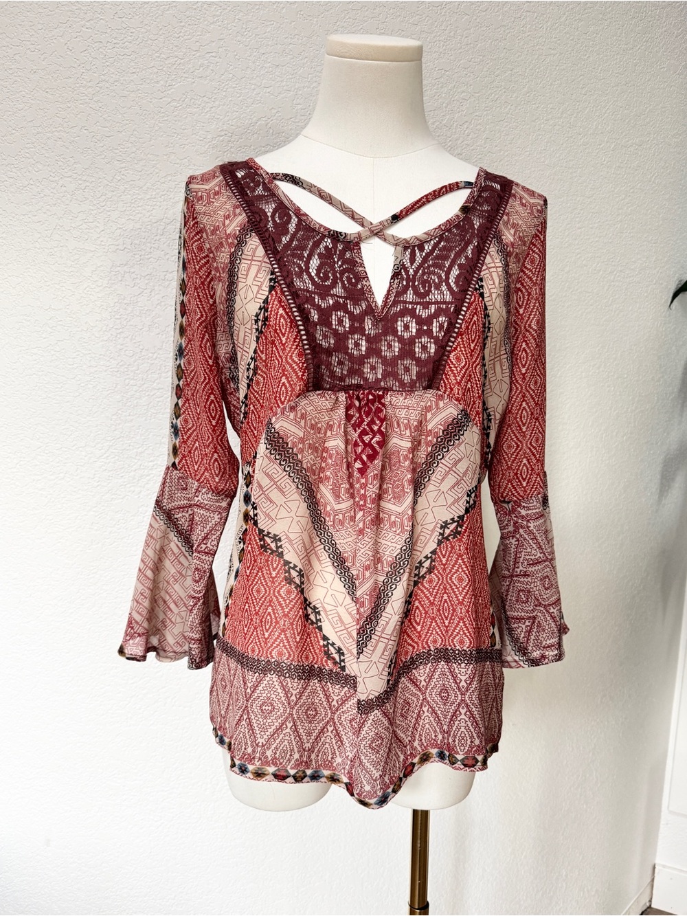 Maurices Boho Sheer Patchwork Lace Bib Fluted Sleeve Tunic Top S - Picture 3 of 6